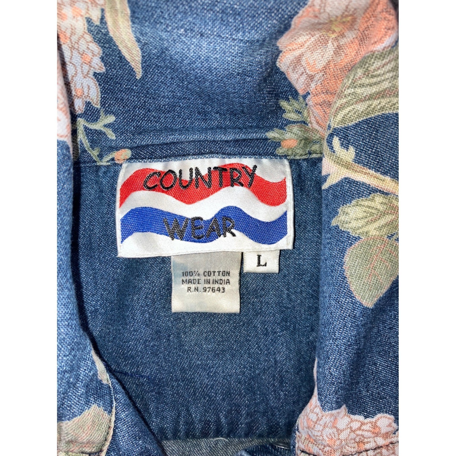 Vintage 90s Floral Denim Shirt Women L Button Up Retro Western S/S Rodeo Boho