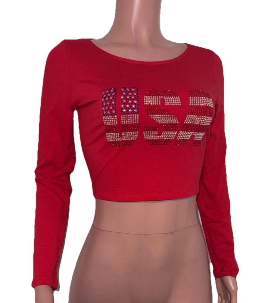 Forever 21 Bedazzled Rhinestone Bling American Flag Crop Top L New 250th BD Top