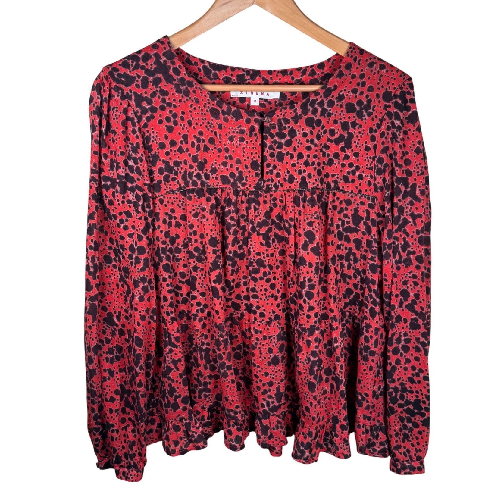 Xirena Scarlet Blouse Women Size M Red Black Animal Print Cotton Ruffle Office