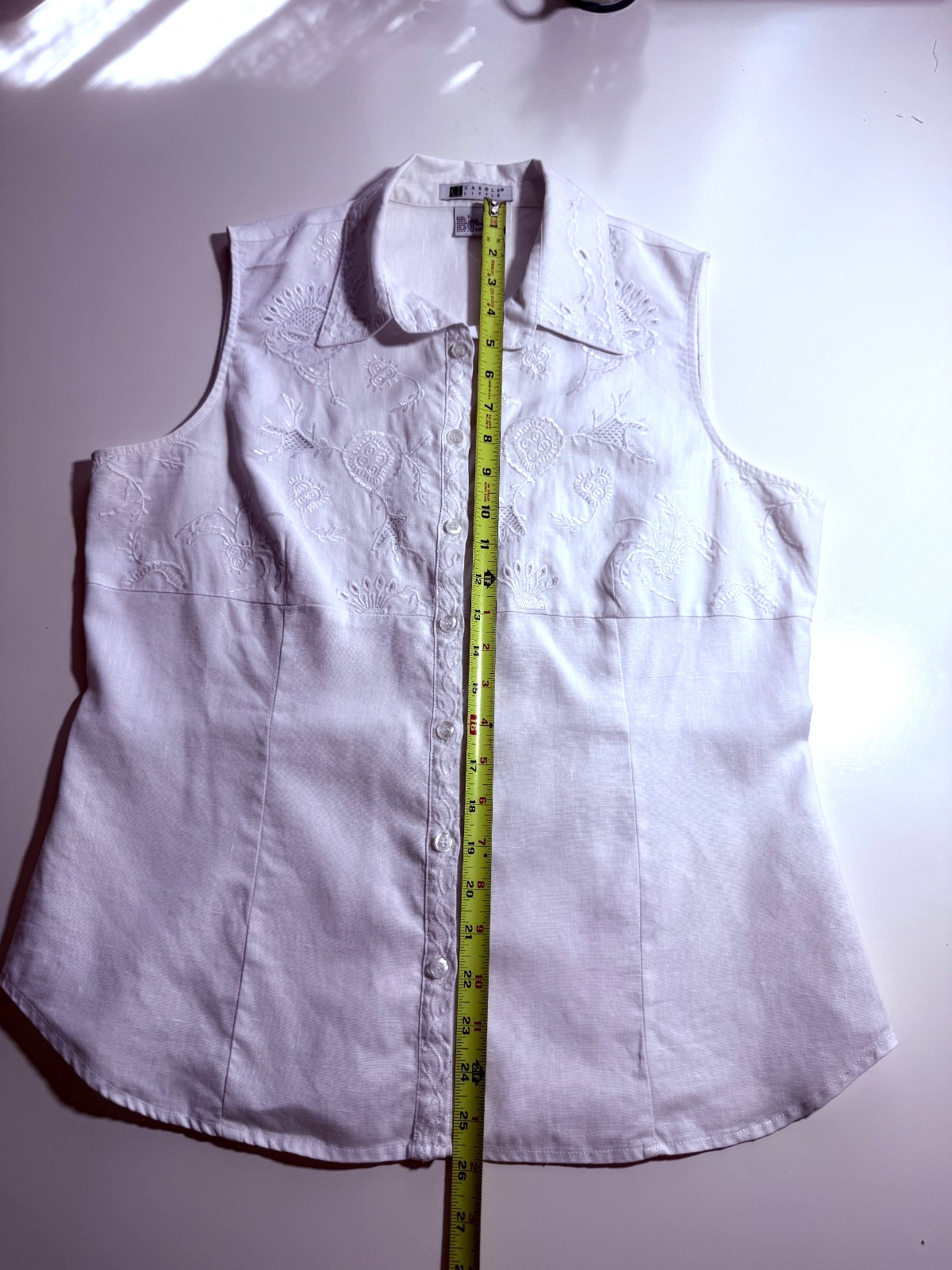 Carole Little VTG Women’s White Embroidery 100% Linen Sleeveless Blouse Size L