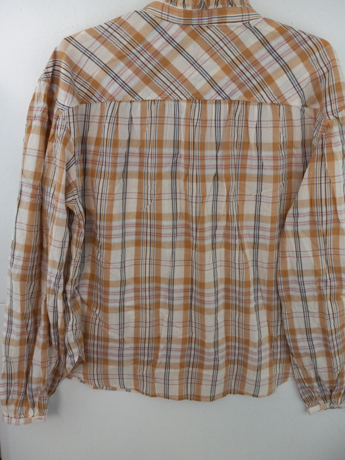 GAP Tall MT Neutral Plaid Lightweight LS Ruffle Trim Button Front Blouse NWT