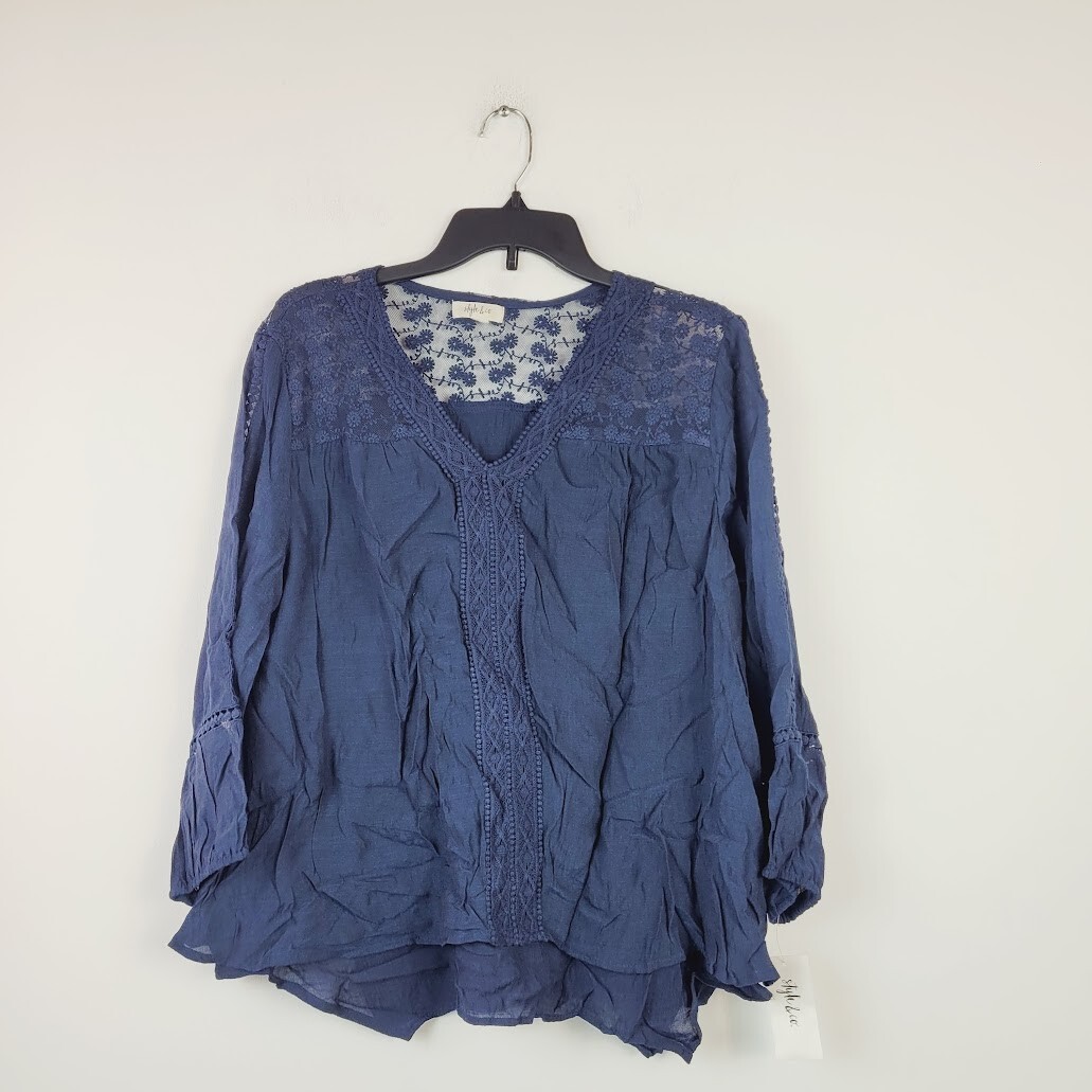 Style & Co Womens Small Industrial Blue Layered Hem 3/4 Sleeve Top NWT G70