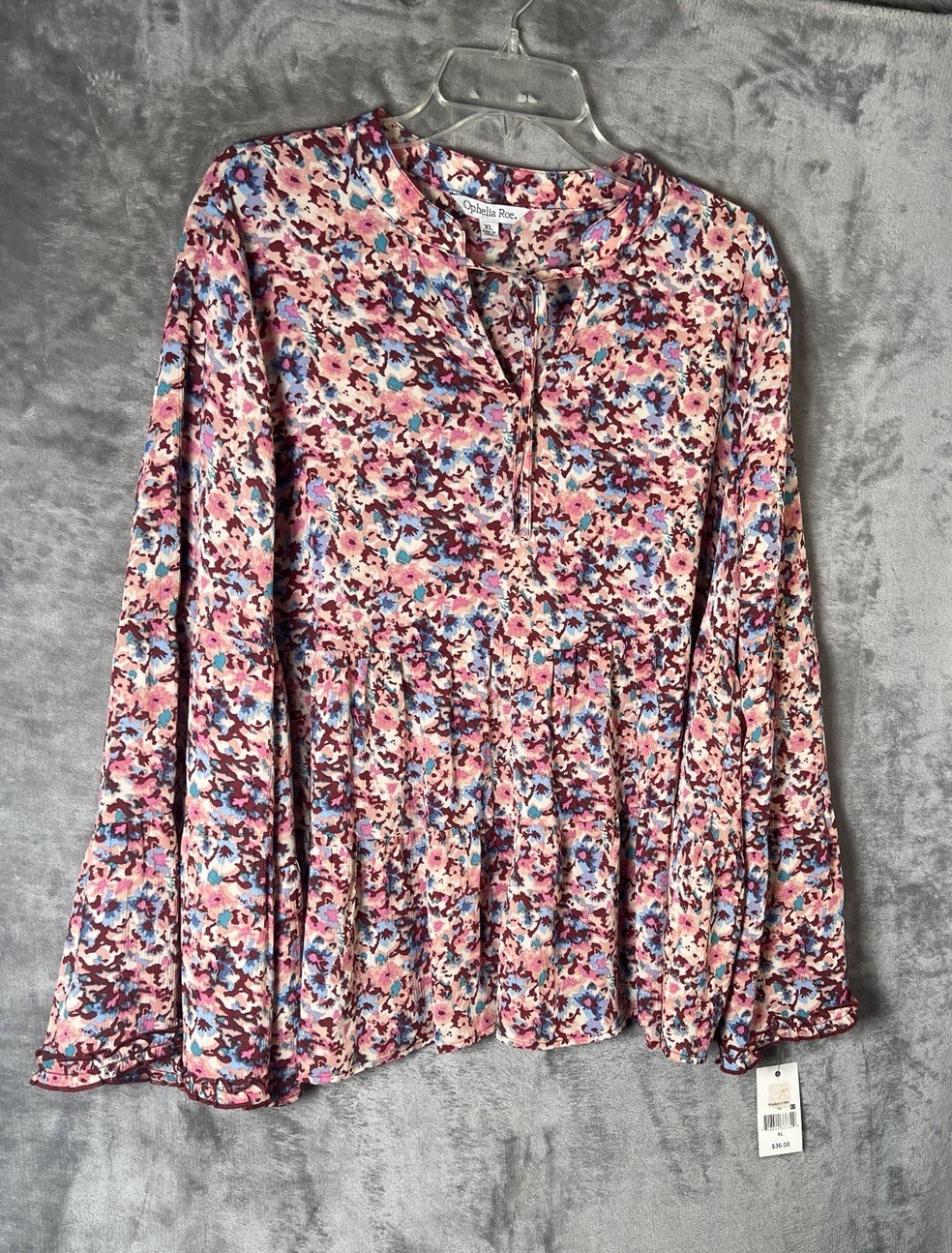 🆕 Ophelia Roe Women’s Peasant Top Floral Long Tiered Bell Sleeve Peplum Size XL