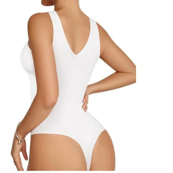 V-Neck Bodysuit M White Lined Adjustable Crotch Soft Stretch USA Seller NEW