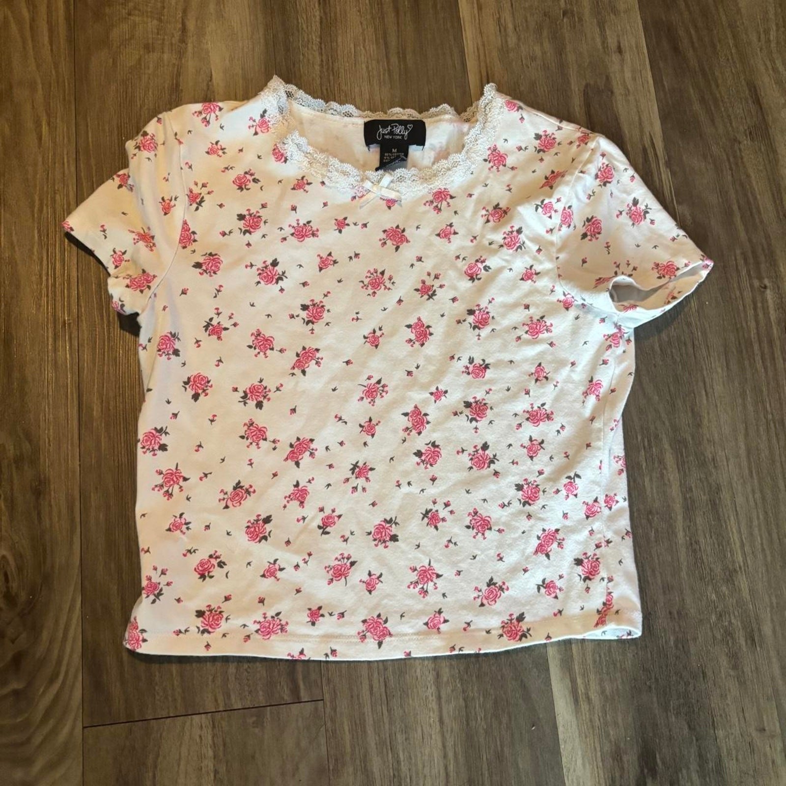 Just Polly New York pink floral crop top with lace trim Size Medium