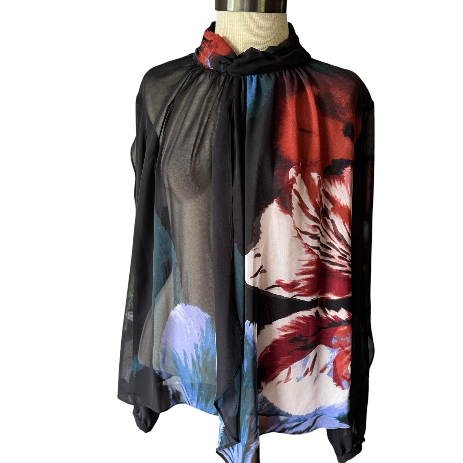 Jennifer Lopez Black High Neck Long Open Sleeve Blouse Sheer Top Sz XL Romantic