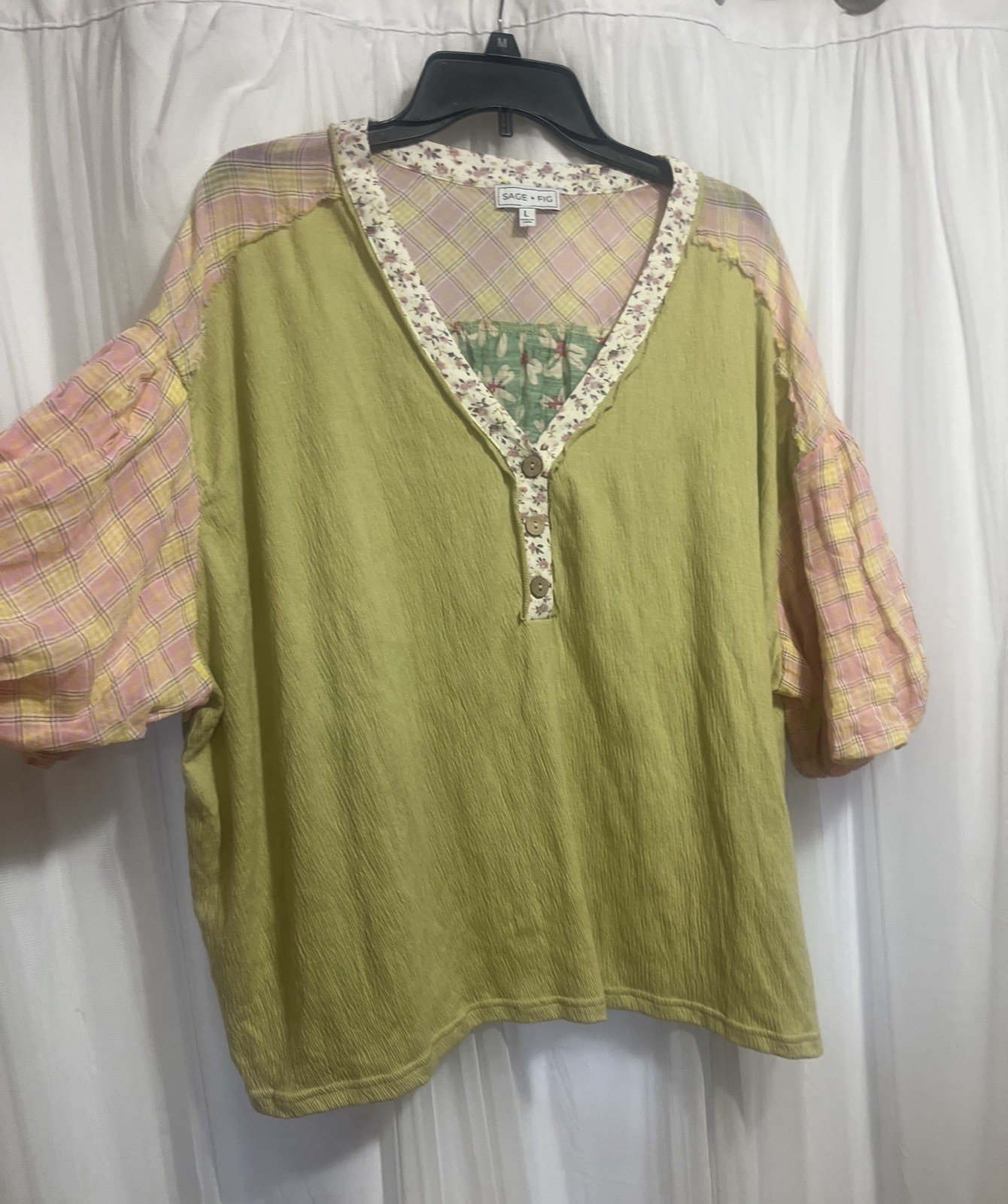 Sage & Fig Green Oversized V-Neck Women’s Top boho country Size large prairie