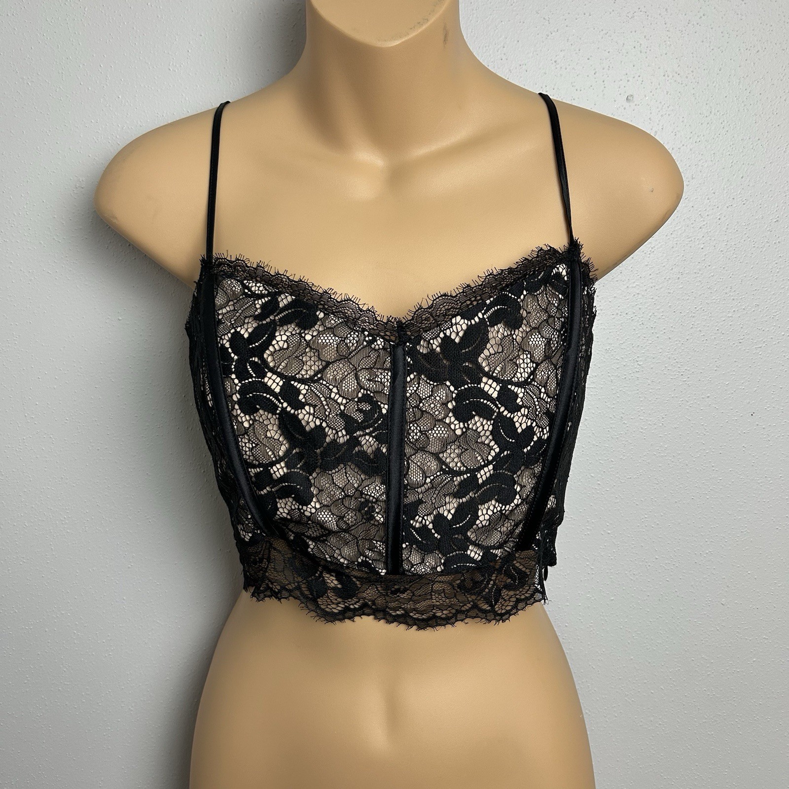 NWT Intermix Exclusive black lace bustier crop top W Boning Sheer Floral lace