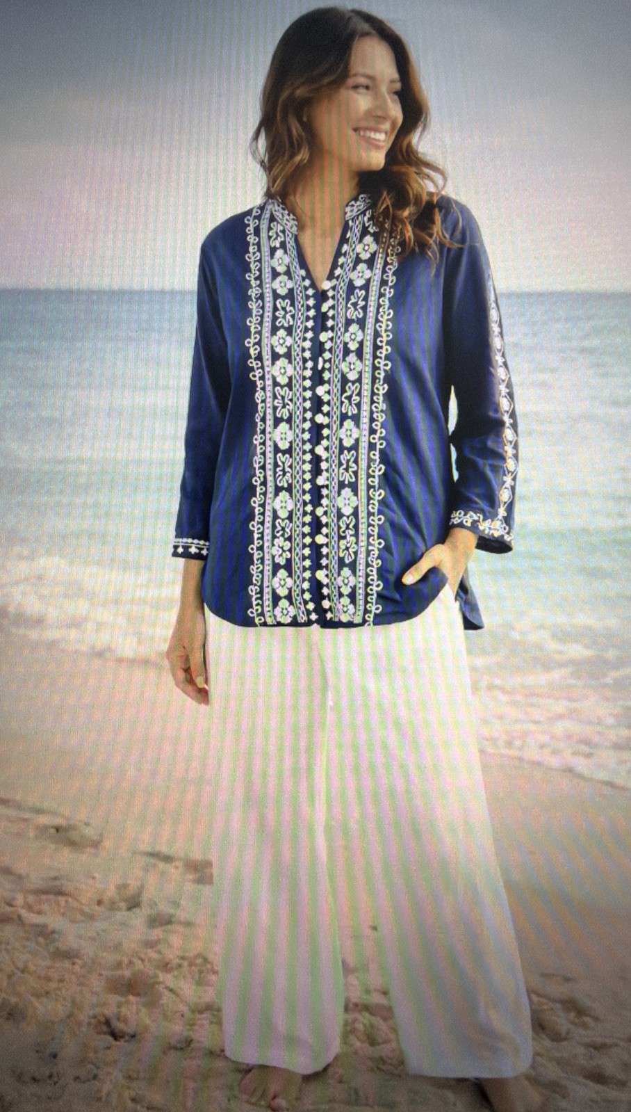 Chico’s women’s xl embroidered navy bohemian beach vacation tunic shirt ocean