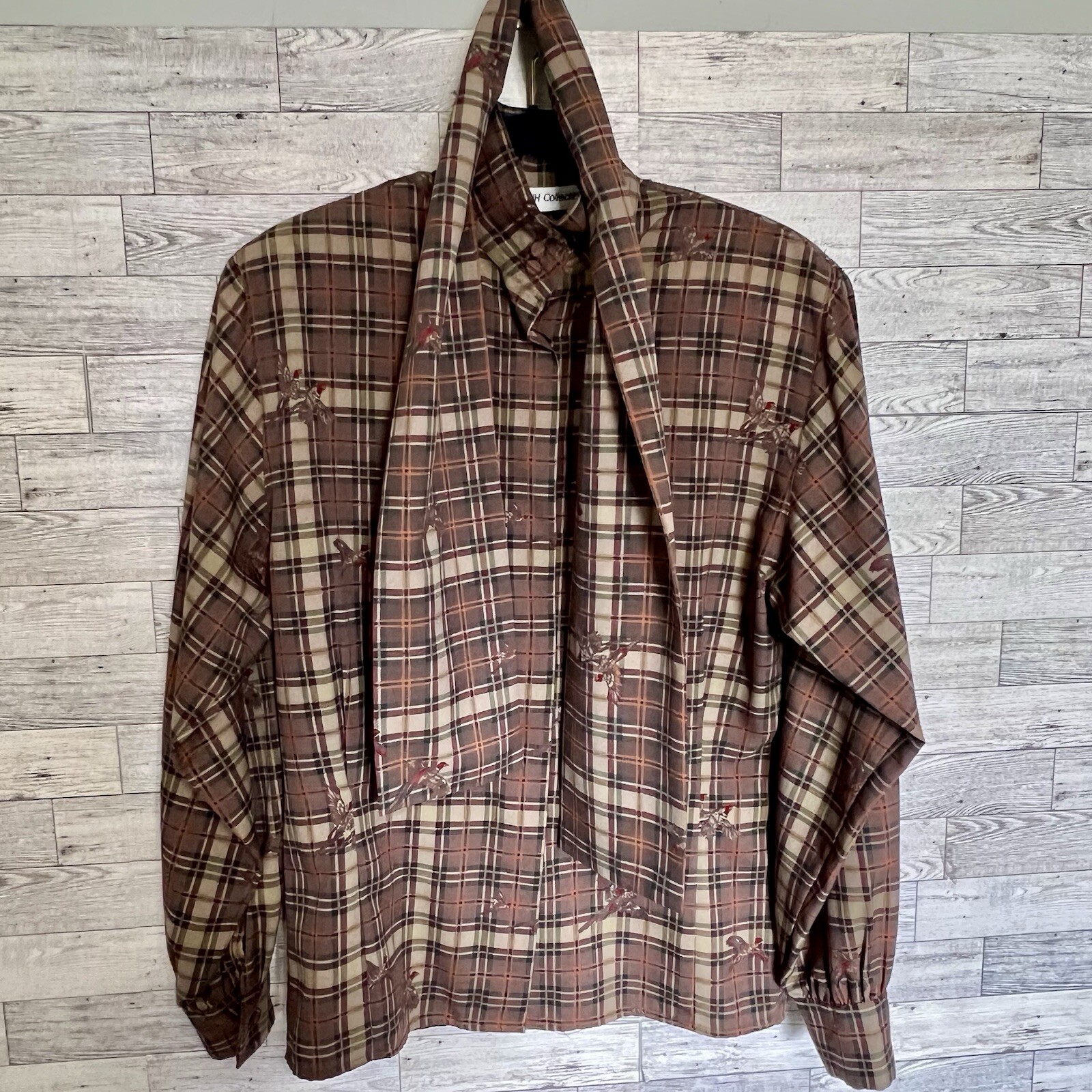 JH Collectibles Size Sm/Med Plaid Top w/Pheasants Fabric Covered Buttons Scarf