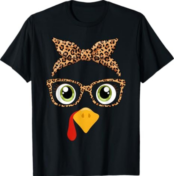Turkey Face Girl Leopard Bow Headband Glasses Thanksgiving T-Shirt