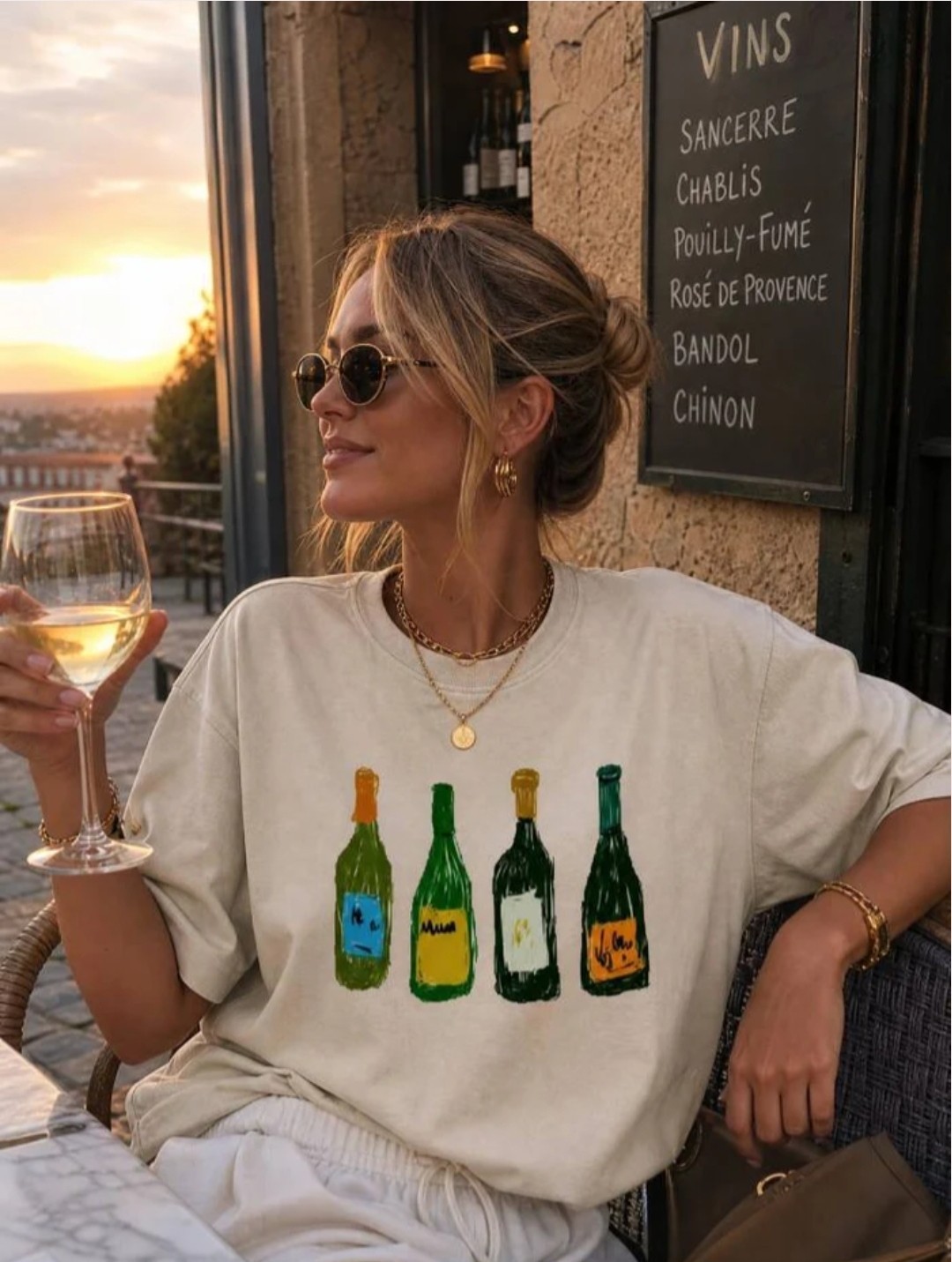 Wine Bottles Unisex Tee Sun In Meal Graphic Shirt Size Large Color Beige