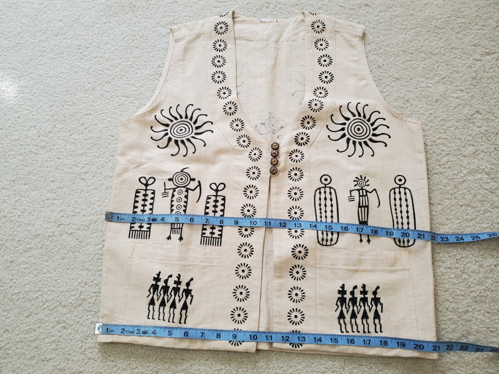 VTG Venus Imports Ivory Raw Cotton Black Primitive Print, Nepal Vest Sz.S