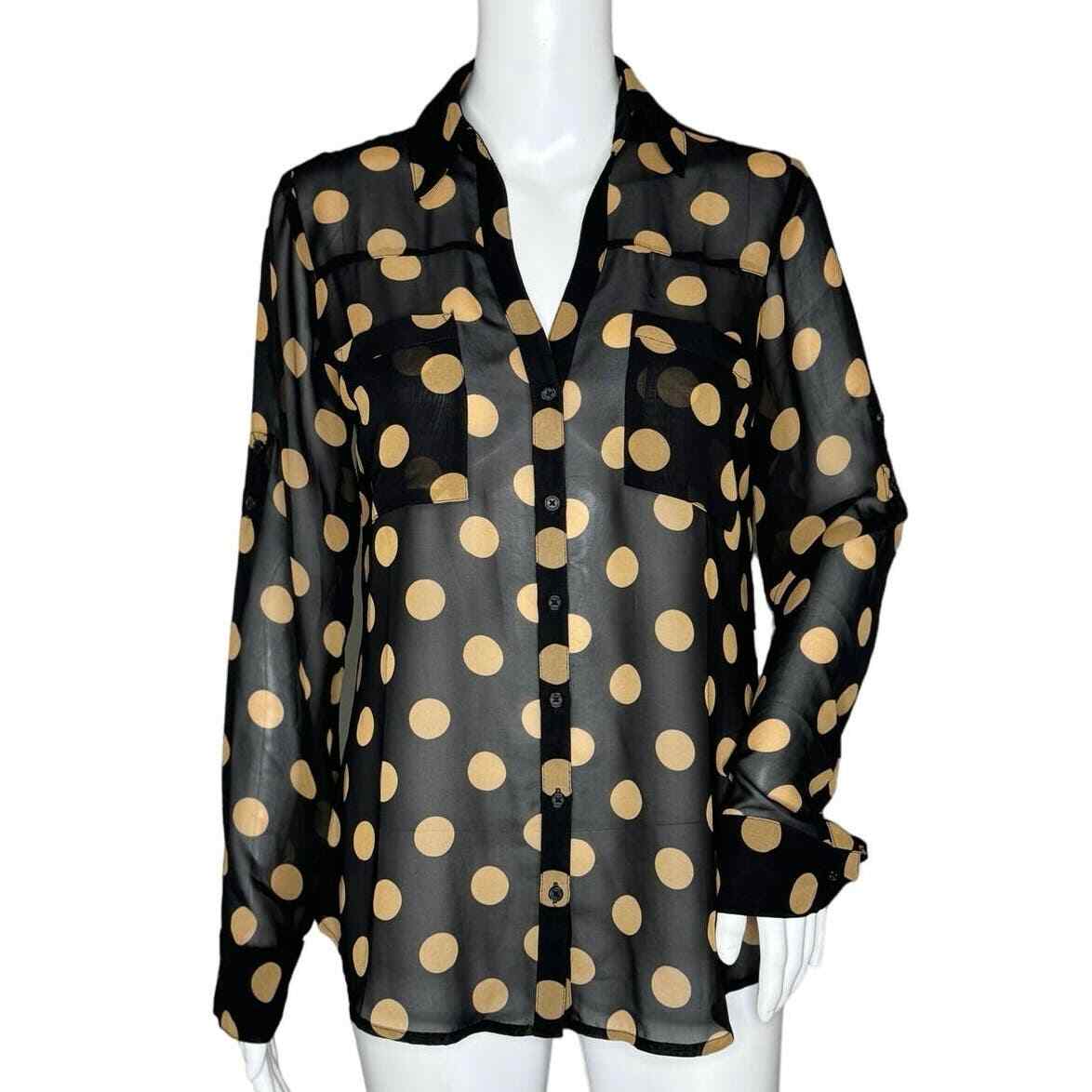 Express Shirt Womens Small Black Tan Polka Dot Portofino Office Casual Novelty