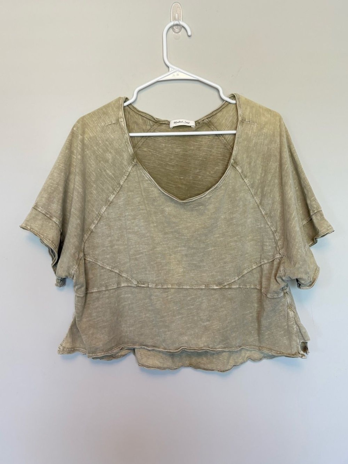 Mustard Seed Green Mineral Wash Raw Hem Crop Top Small Boxy Fit Cotton