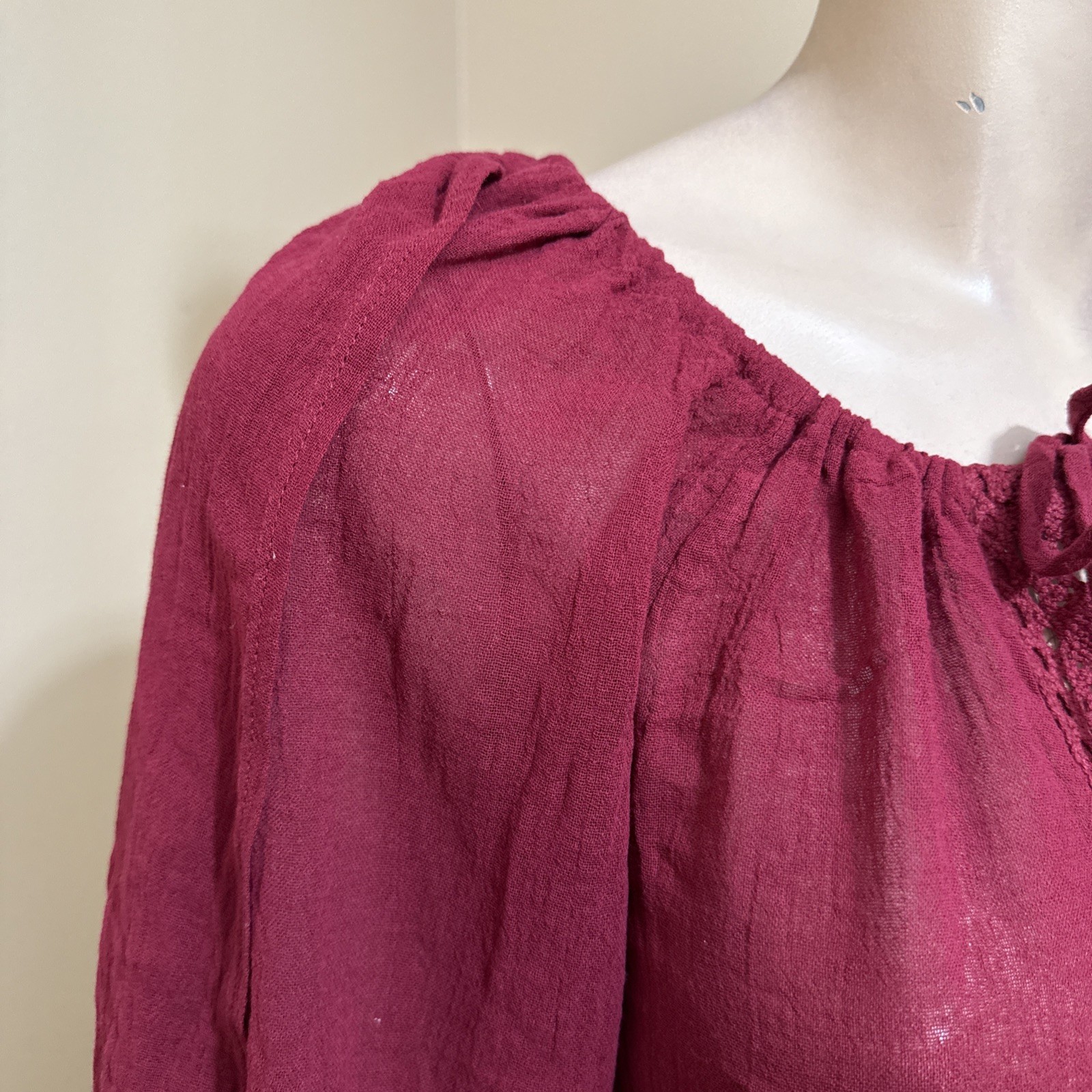 Women’s Burgundy Cotton Casual Boho Lace Long Sleeve Slit Tied Size S Blouse Top