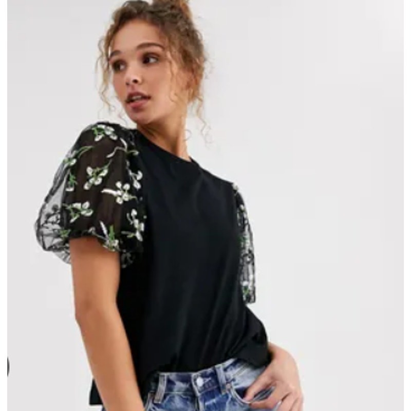 ASOS Black Blouse with Sheer Floral Embroidered Sleeves Sz 14 (L)