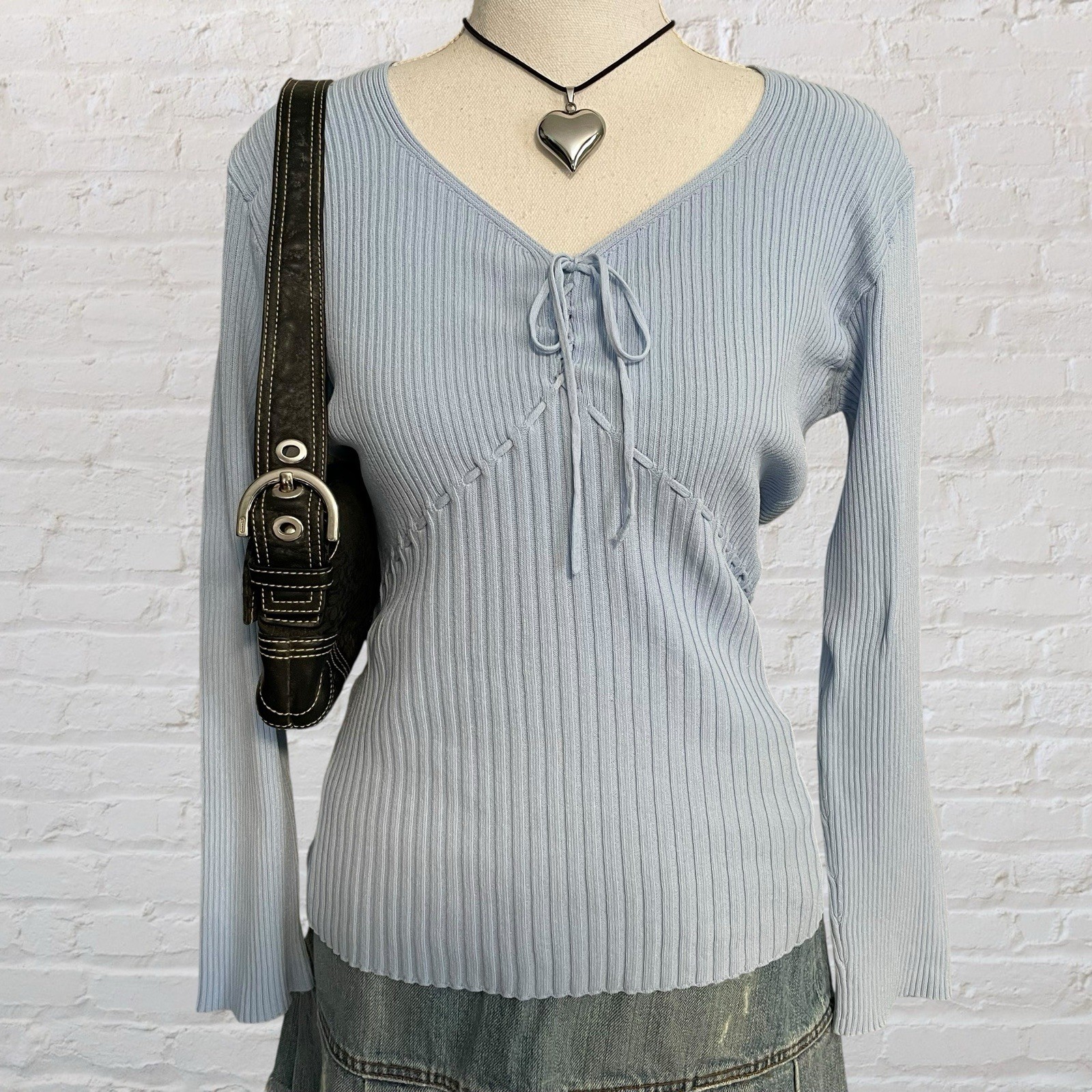 corset lace-up bow coquette top S light blue ribbed preppy fairy y2k feminine