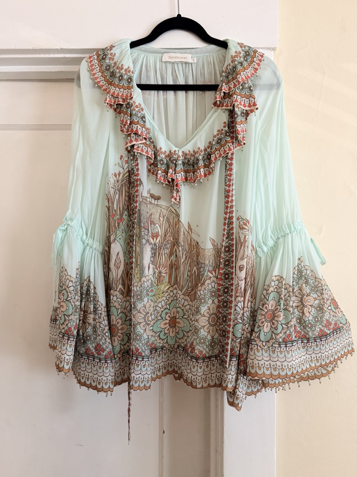 Zimmermann Anita Inverarity Placement Print Ruffle Blouse with Camisole | Size 3