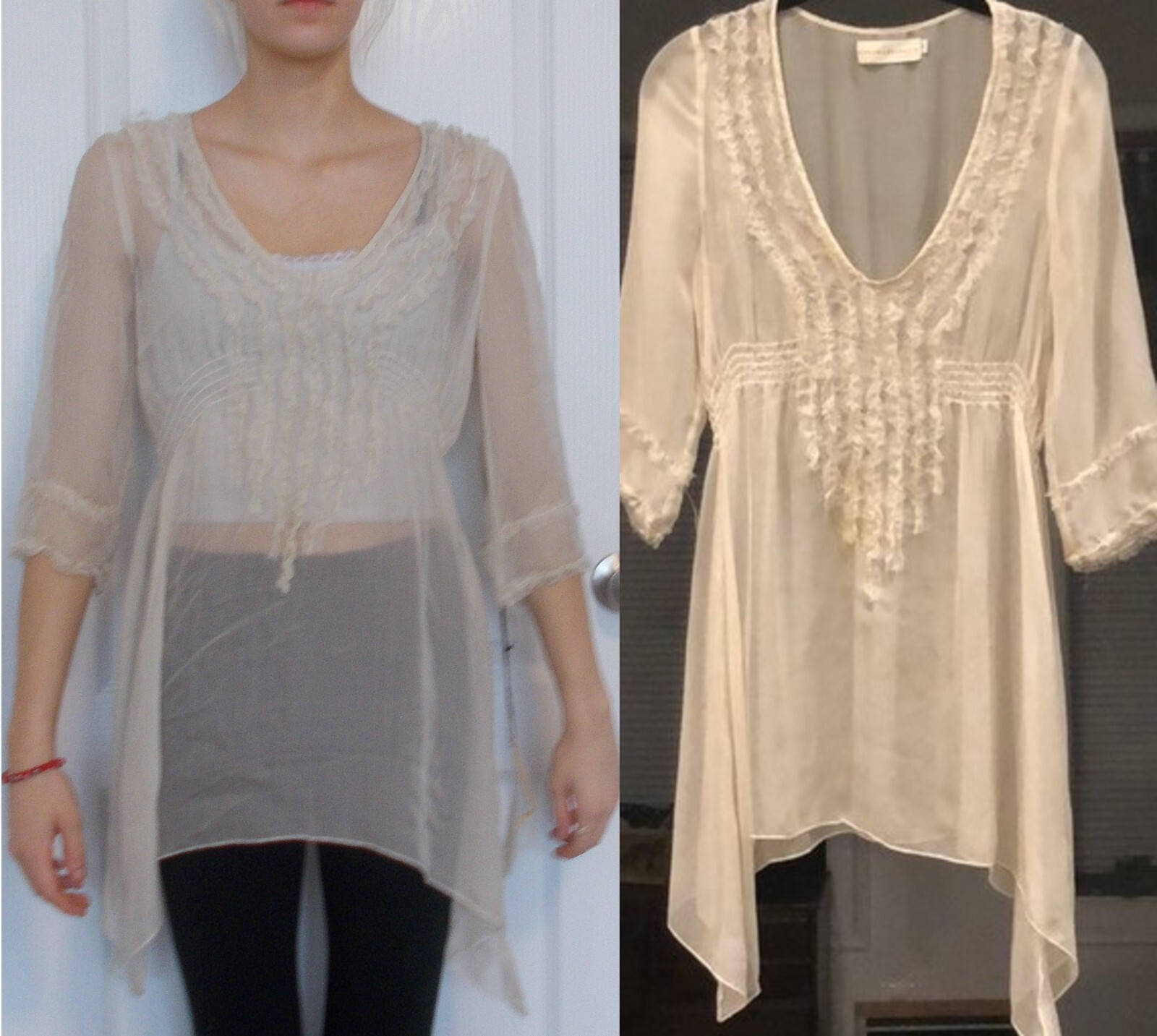 NWT $196 Johnny Was Ivory Smocked Ruffle Tunic S Silk Chiffon, Raw Edges 4L&L