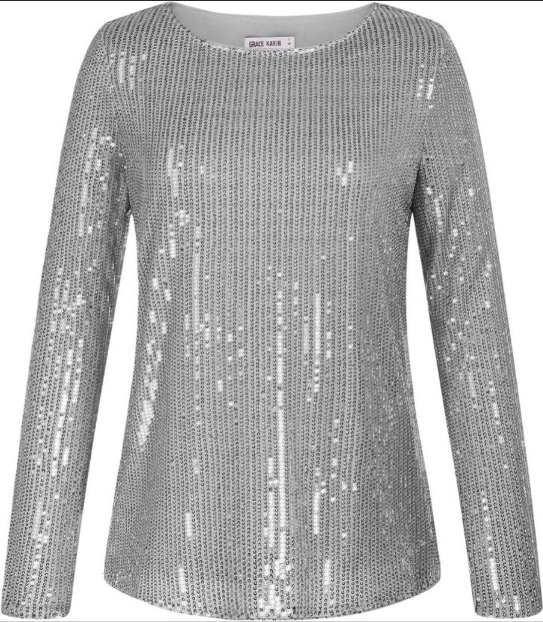 NWT GRACE KARIN Silver Sequin Round Neck Long Sleeve Blouse Size S