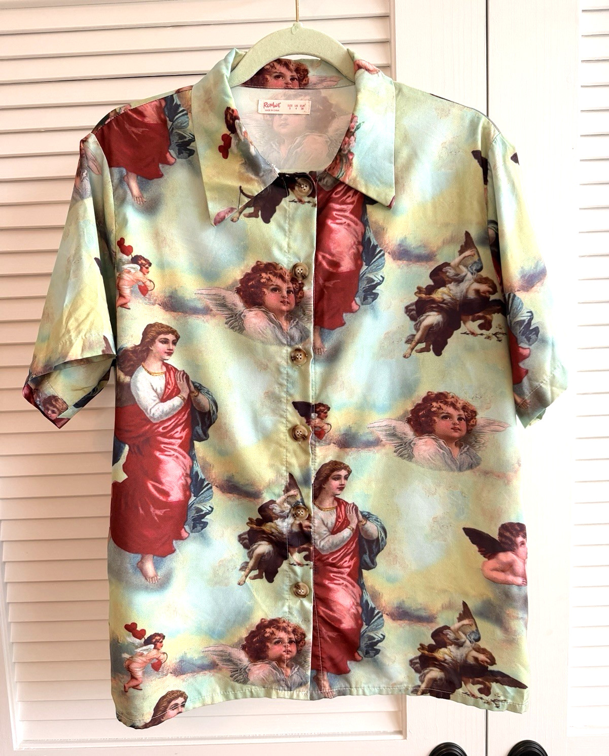 ROMWE Angel Cherub Button Front Shirt Renaissance Art Print Oversized Top S