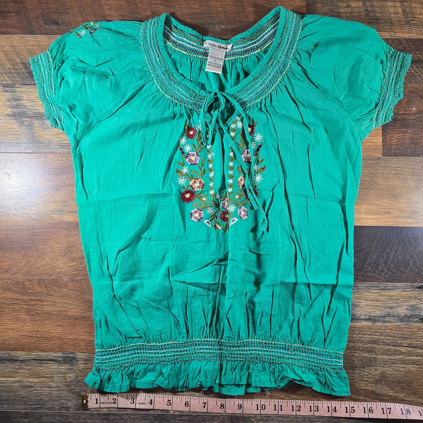 Cute Options Womens Embroidered Peasant Top Size Large Green Floral Boho Cottage