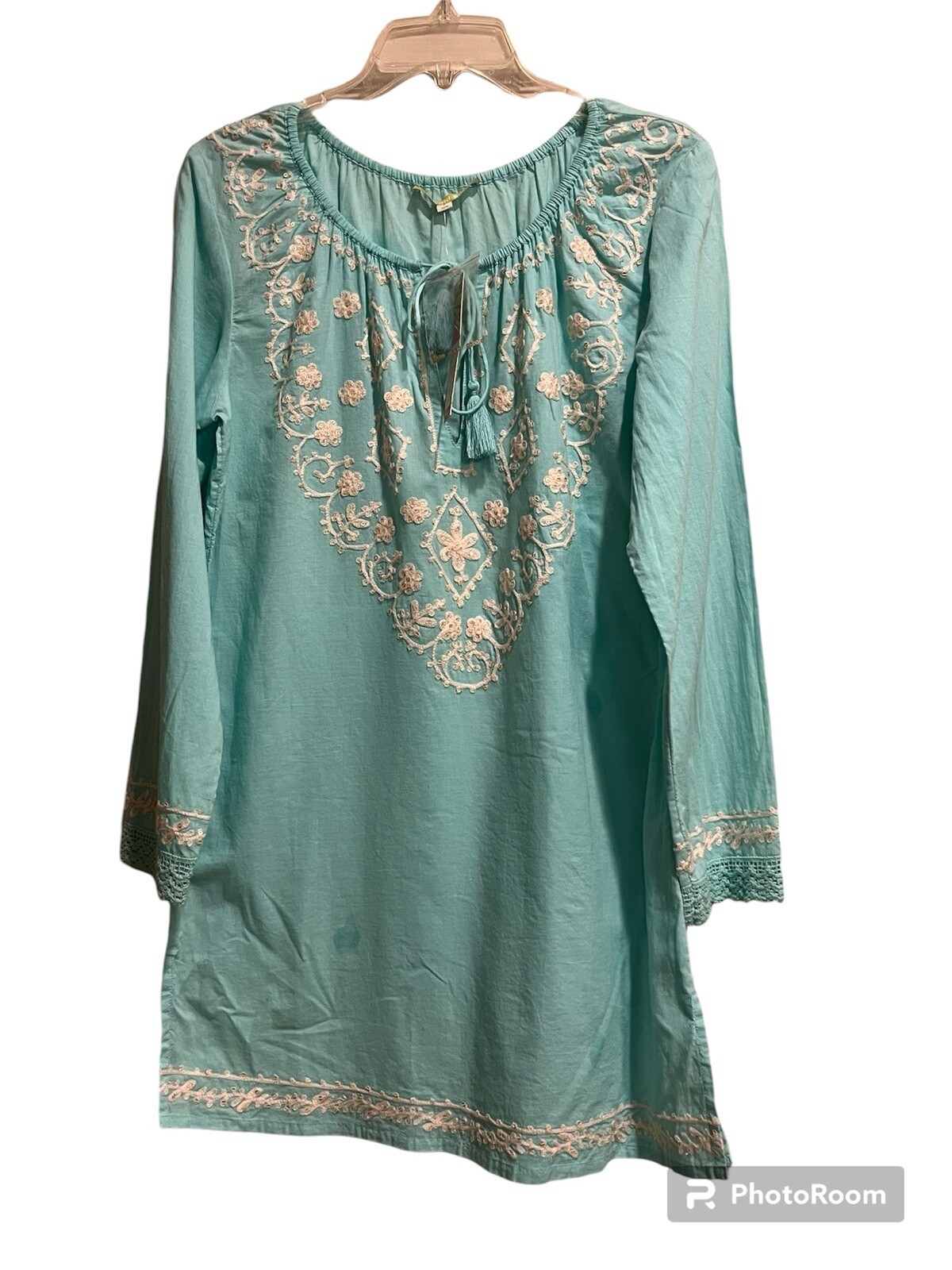 Gianni Bini Women’s Top S Embroidered Turquoise NWT Long Sleeve Tie Neck