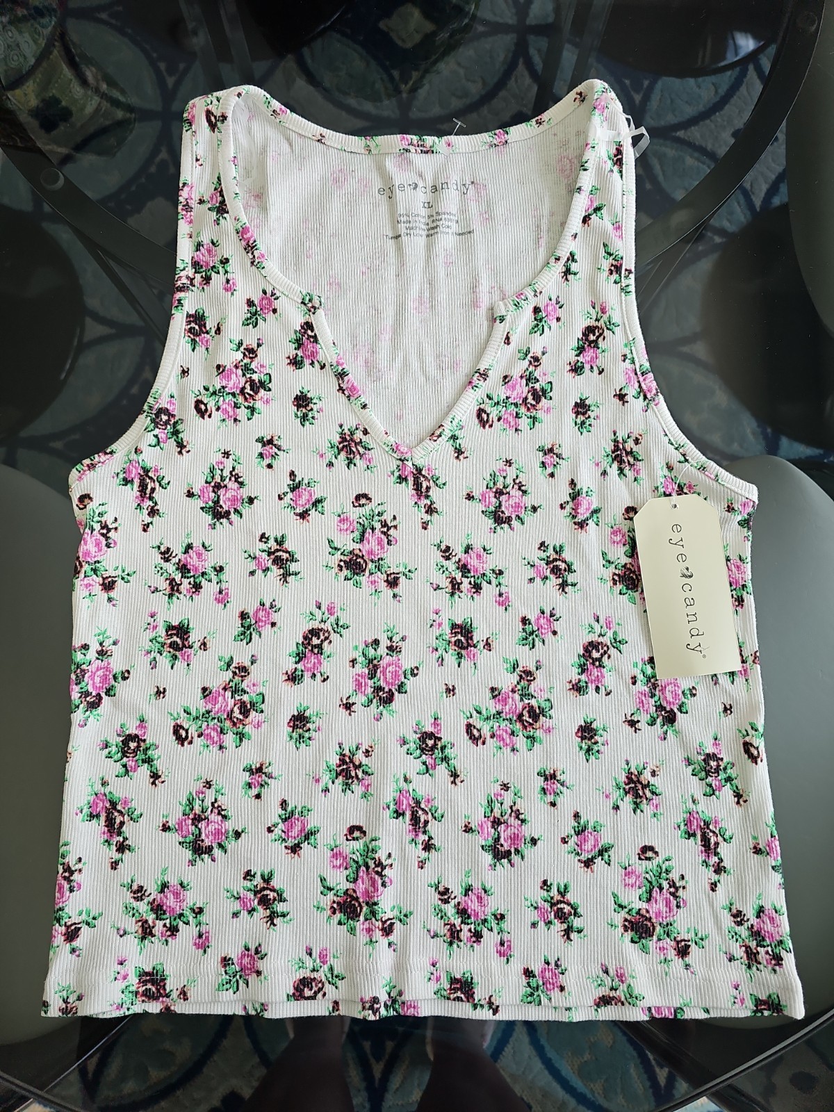 Eye Candy Rosebud Pink Green White Floral Tank Top V neck Junior Girls XL NWT