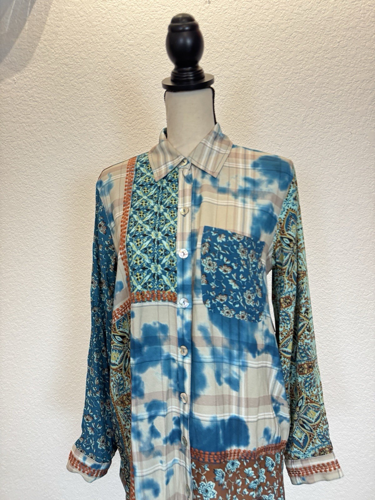 John Mark Size S Tunic Floral Multicolor Roll-Tab Sleeve Plaid NWT $129