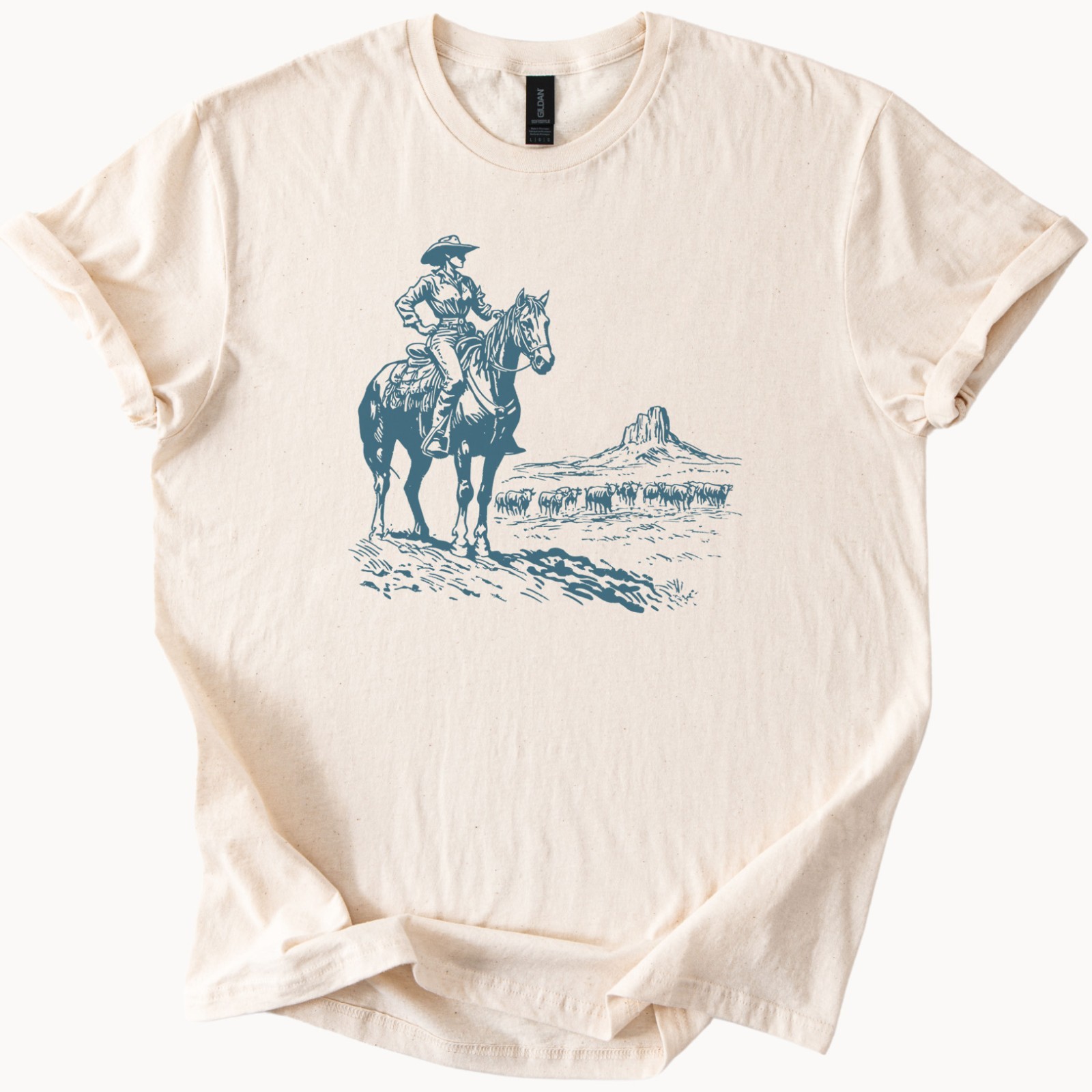 Cowboy Graphic T Shirt Western Horse Rider Cattle Herd Desert Ranch Tee
