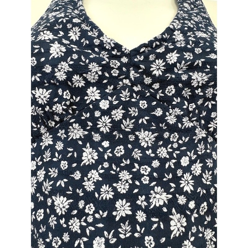 American Eagle Halter Crop Top Sz S Navy Floral Smocked Back Boho Beachy Summer