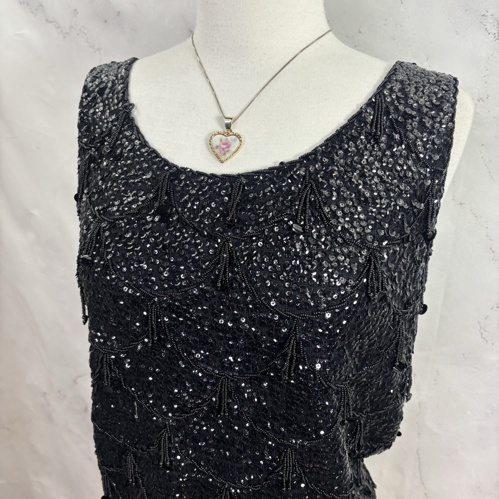 Vintage 60s Flapper Black Shiny Beaded Blouse Top Fringe Sequins Silk M Glam