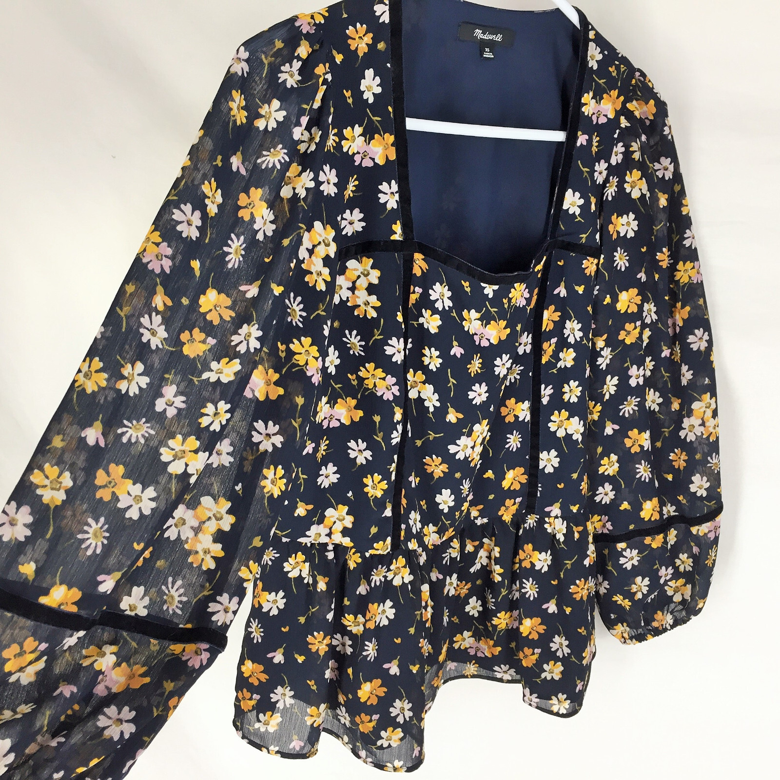Madewell Velvet-Trimmed Square-Neck Top in Petal Party Size XS Navy Blue