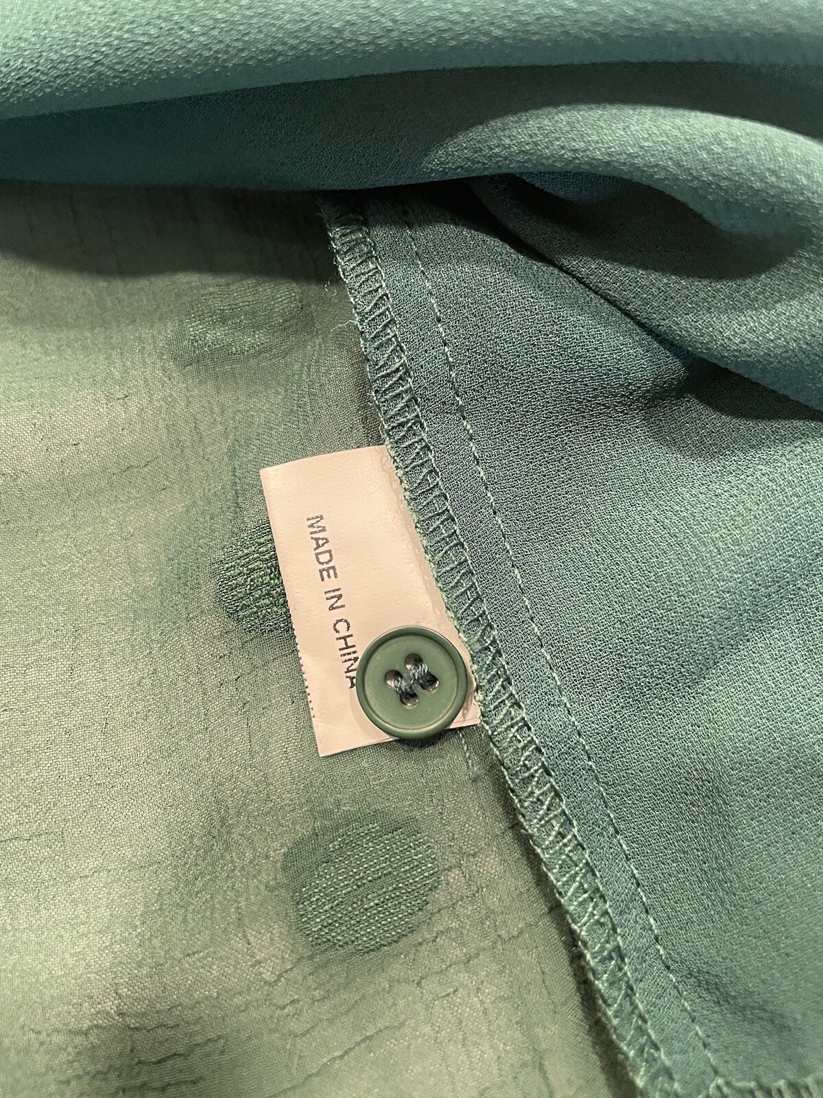 Women’s Button Up Blouse Top Large Green Swiss Dot Pom Pom Ruffled Sleeveless