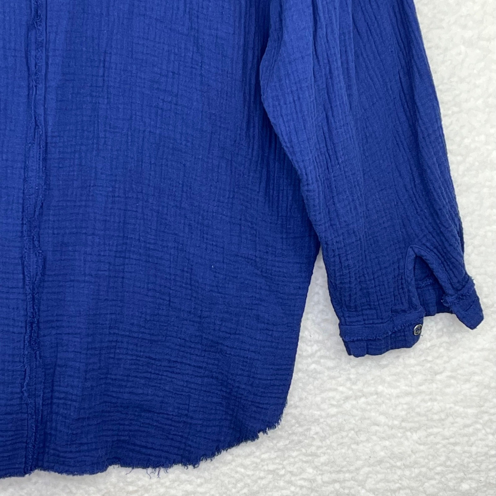Zenana Royal Blue Double Gauze Button Down Shirt Raw Hem Oversized Top Small