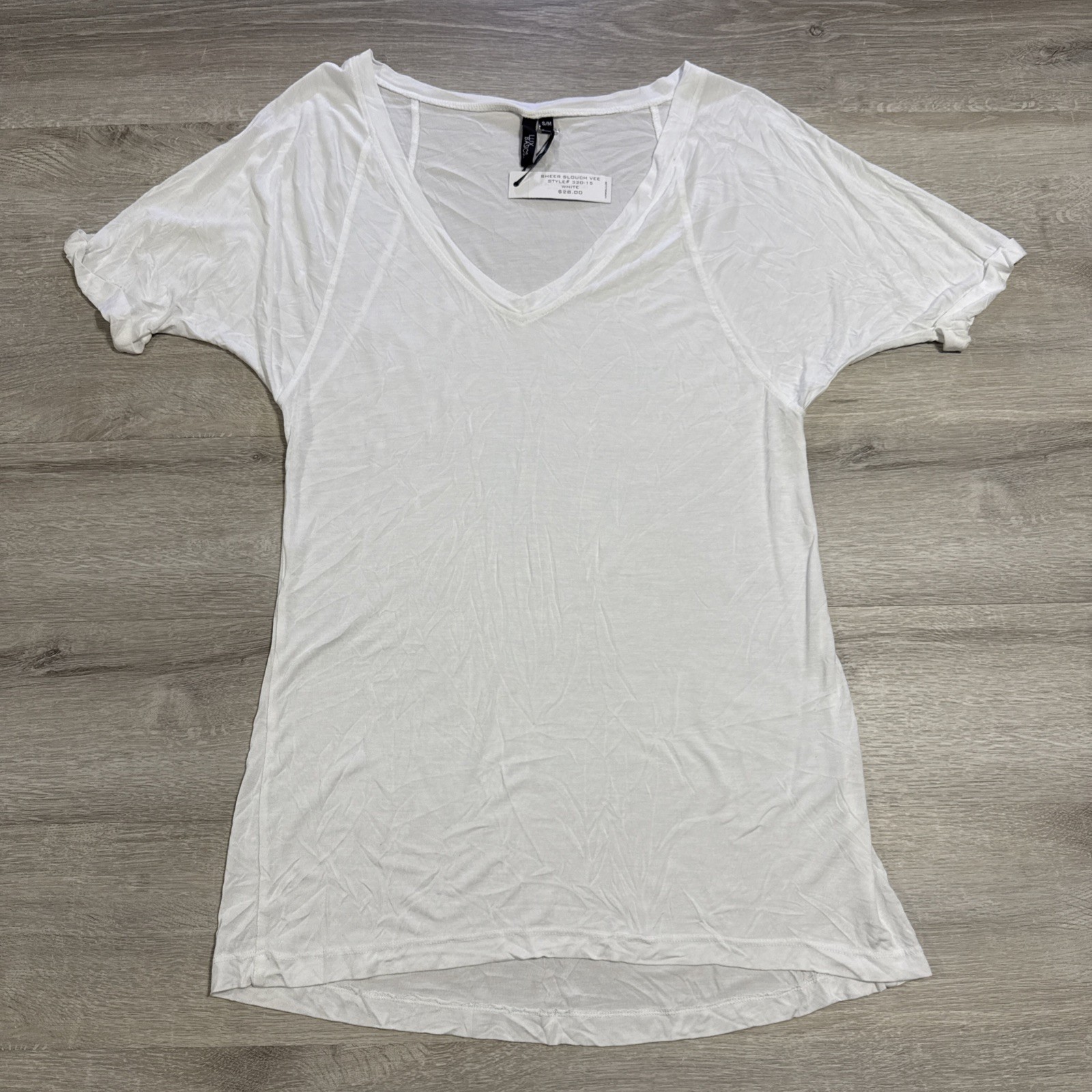 LUX Basics Women’s Top S/M White Sheer Slouch V-Neck Short Sleeve Tee NWT