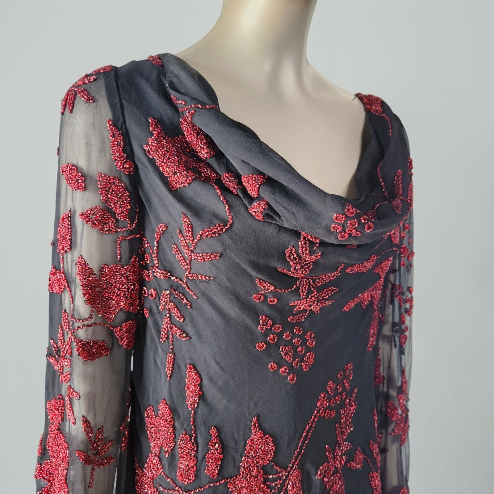 Marina Bresler Silk Beaded Drape Neck Bell Sleeve Top M Black Red Goth Boho Y2K