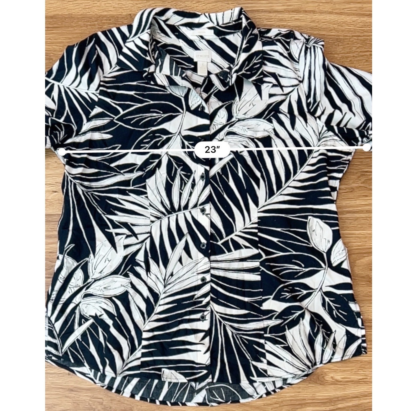 Womens Tropical Button Down Shirt Black White Palm Leaf No Iron Chicos Size 3 XL