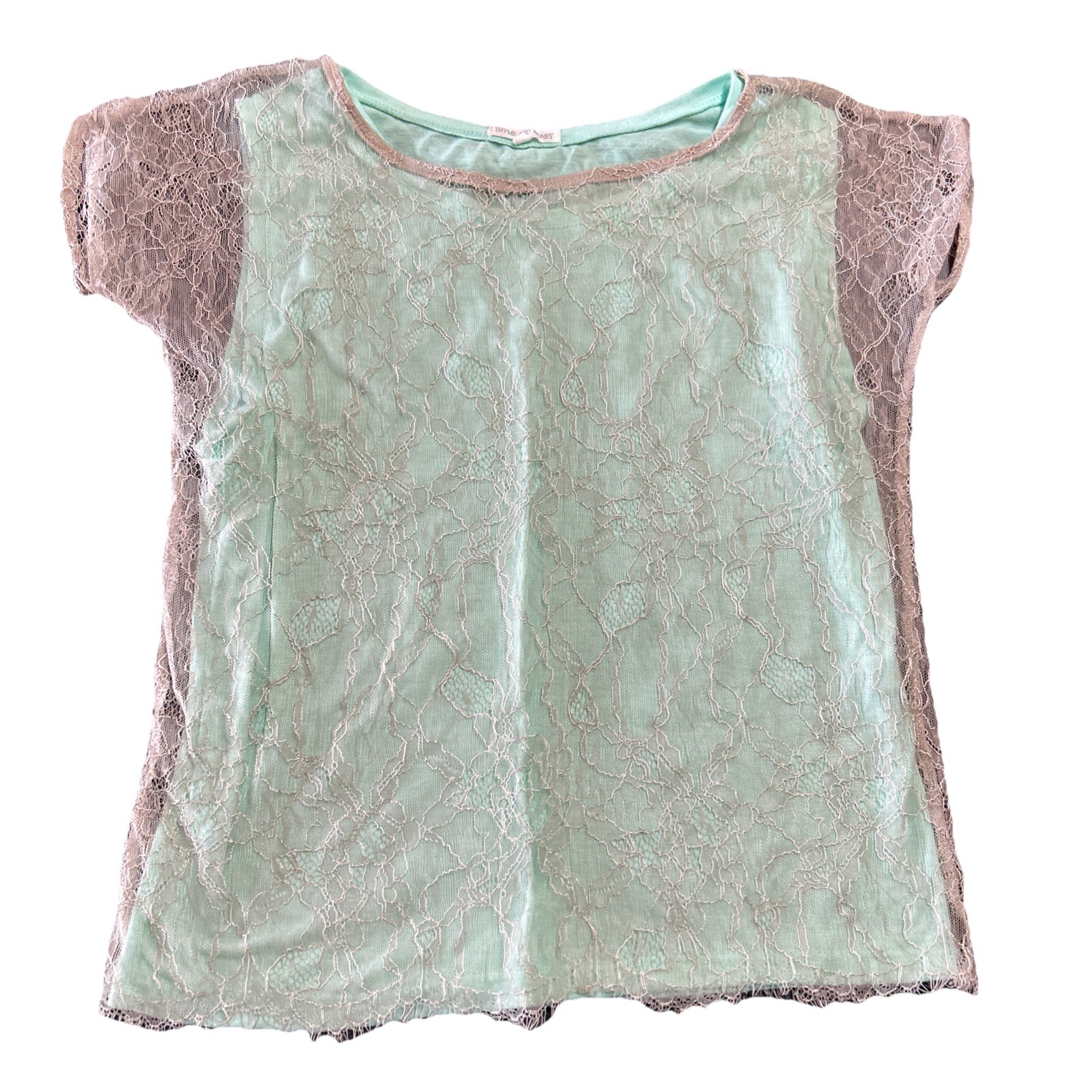 Thyme & Honey Womens Medium Beige Lace Green Lined Short Sleeve Top Blouse