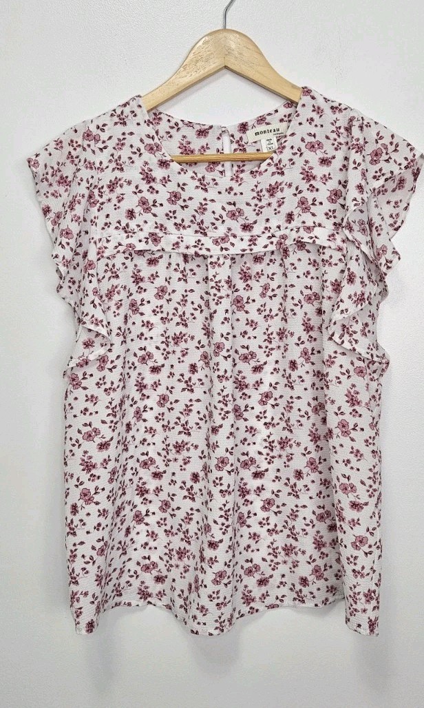 Monteau Women’s Floral Ruffle Sleeve Blouse White & Pink Size XL