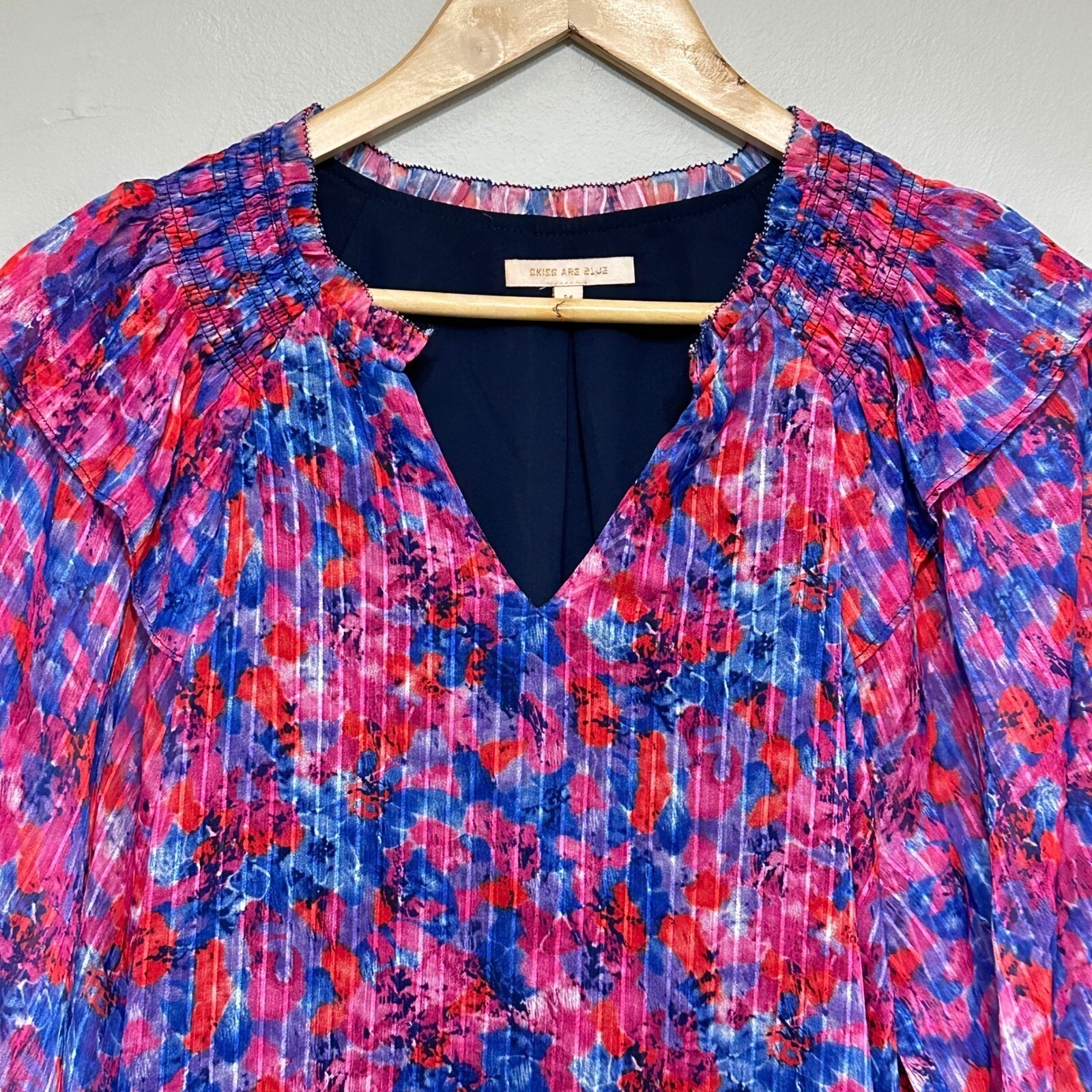 Skies Are Blue Floral Balloon Sleeve Blouse Women M Pink Ruffle Airy Flowy Sheer