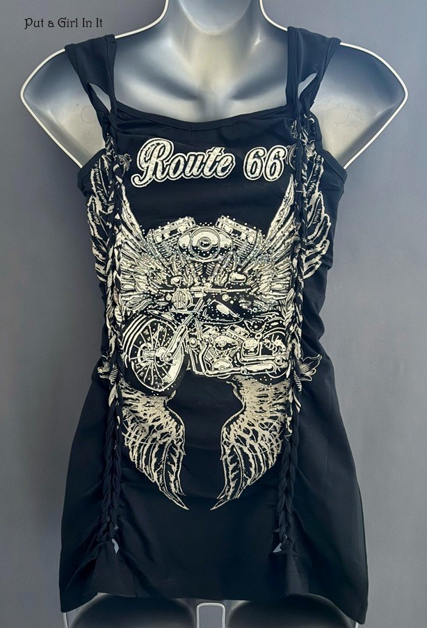 New Womens CRYSTAL ROUTE 66 MOTORCYCLE WINGS BIKER TANK TOP S M L XL 1X 2X 3X
