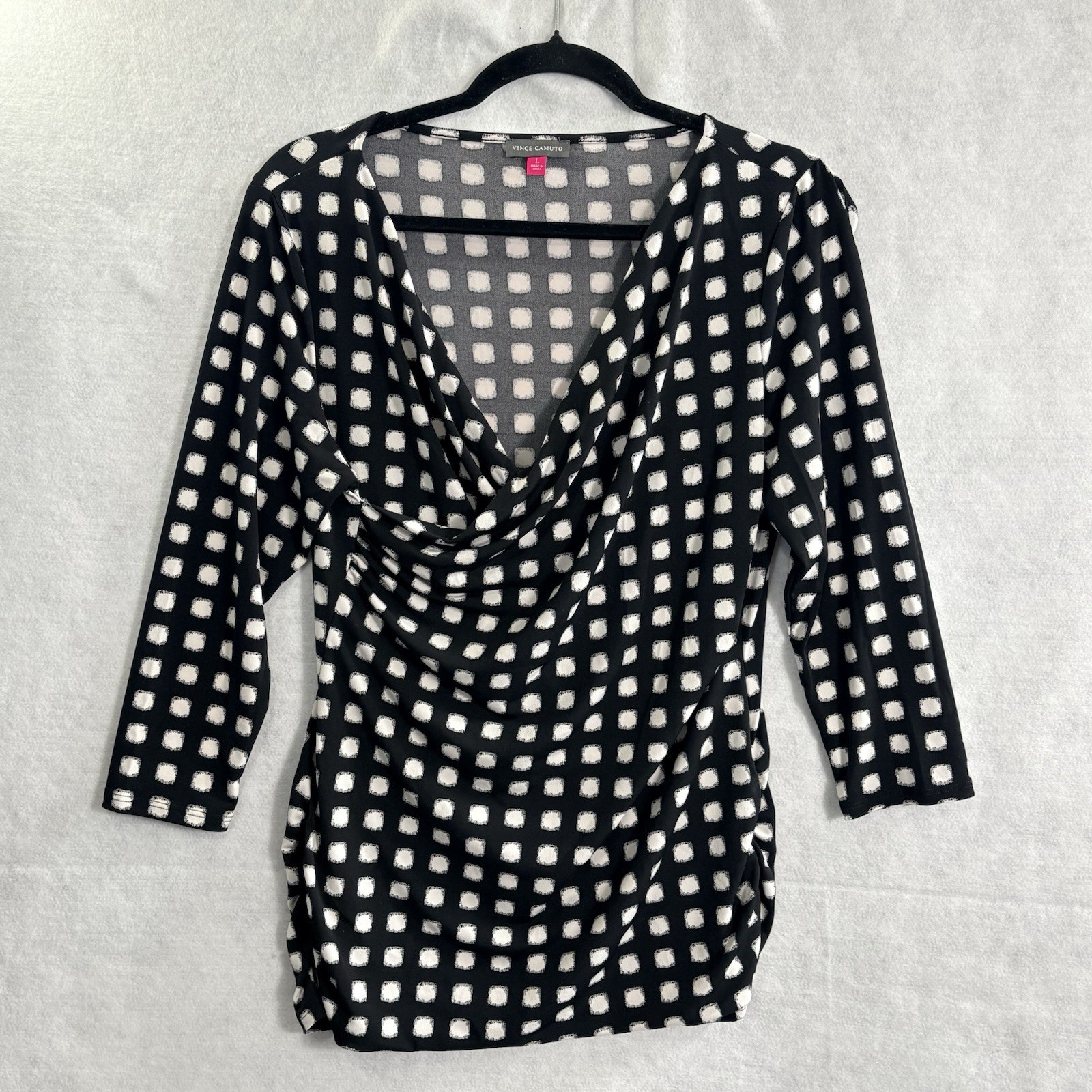VINCE CAMUTO Women Ruched Twist Front 3/4 Sleeve Check Top Sz L Black White 1-29
