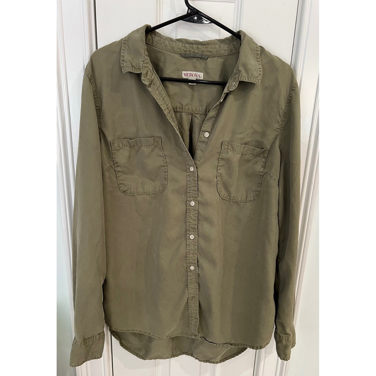 Merona Womens XL Olive Green Lyocell Long Sleeve Button Down Utility Shirt