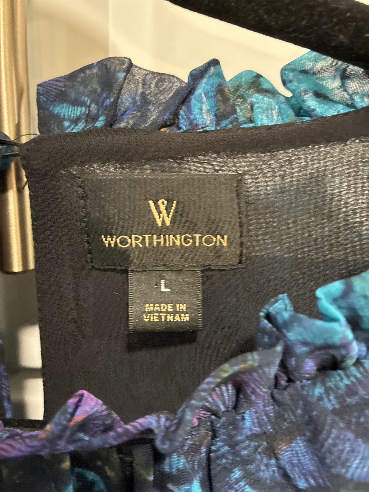 Worthington Multicolor Feather Scalloped Print Peacock Ruffled Neck Blouse Sz L