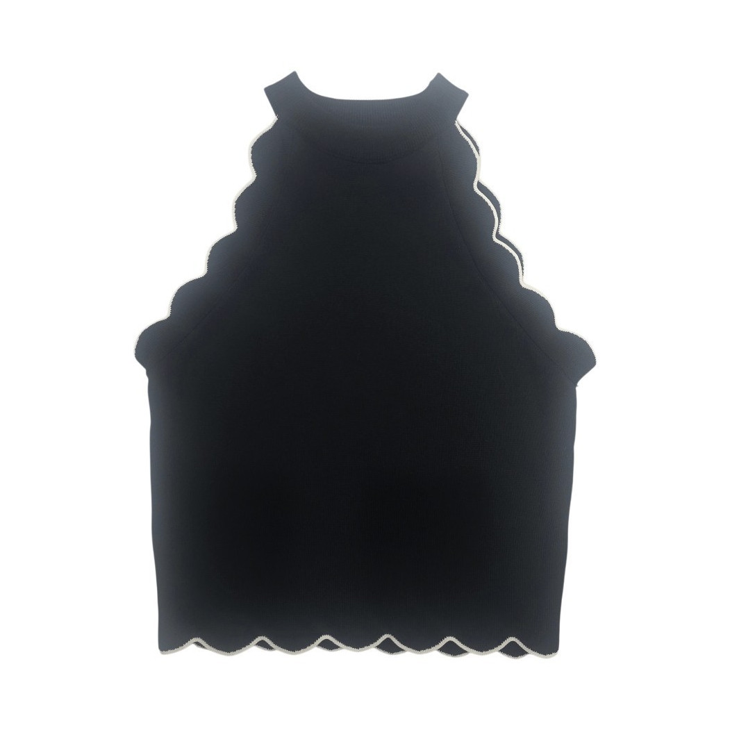 EB Luxe Black Scallop Trim Knit Halter Top Quiet Luxury M