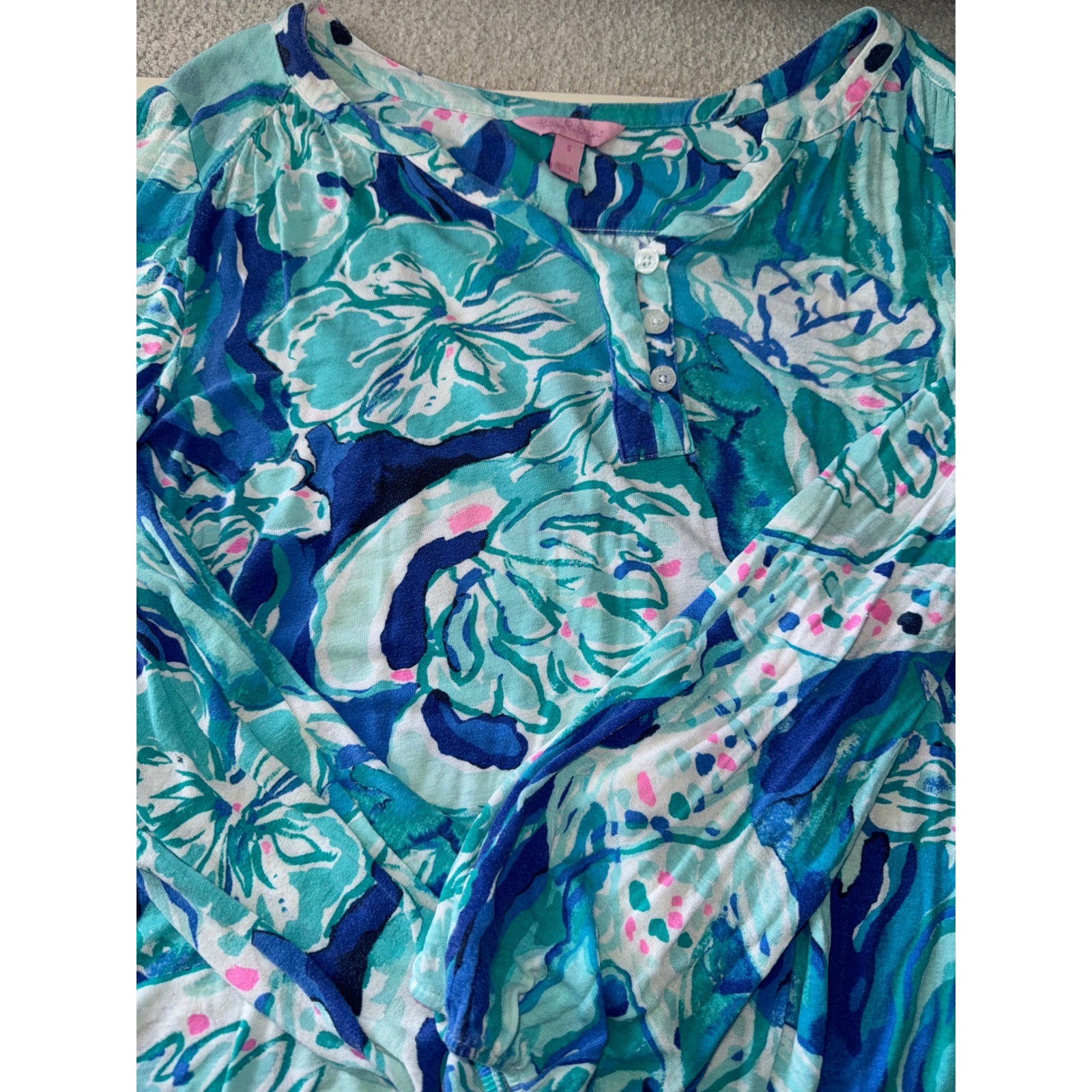 Lilly Pulitzer LILIAS Aquatic Garden Tunic Top Small Elastic Sleeve Blue
