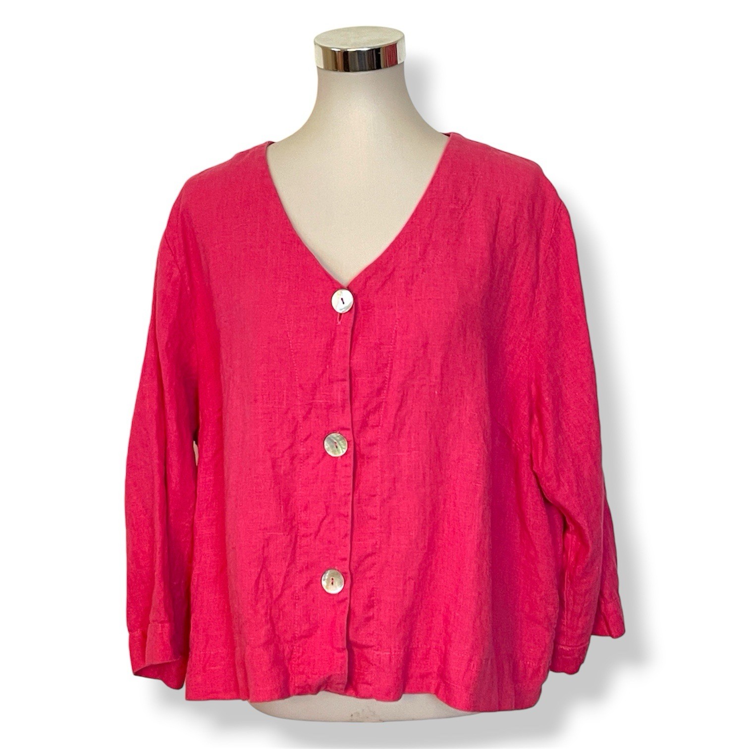 FLAX Size L Pink Linen Top V Neck Button Front 3/4 Sleeves
