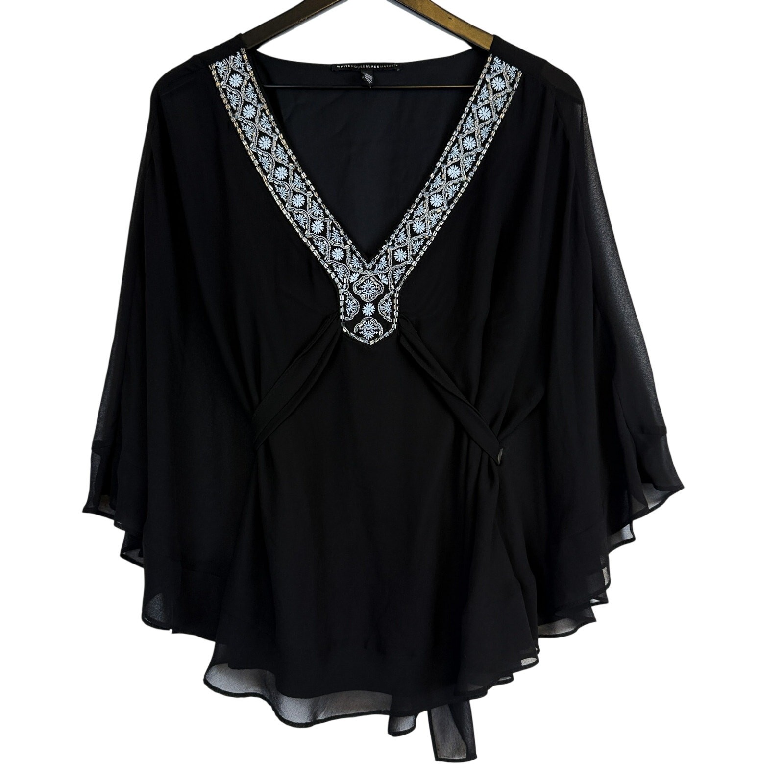 White House Black Market Chiffon Poncho Belted VNeck Blouse Bat Wing – L